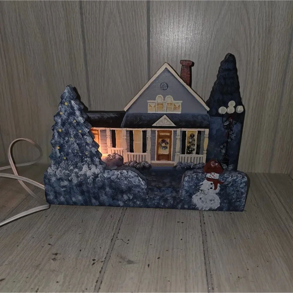 Vtg Handcrafted/Painted Holiday House Night Light Decor Blue White Snow Scene
